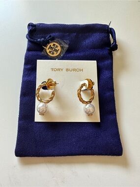Tory Burch Gold Twisted Hoop Earrings with White Pearl Drops